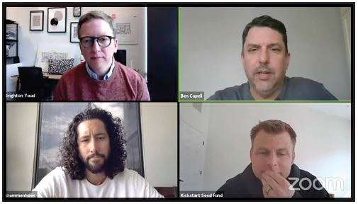 Participants in a recent webinar about startup investing include (clockwise from upper left) Brighton Youd, head of sales and marketing at Kiln; Ben Capell, a partner in Peterson Ventures; Gavin Christensen, founder of Kickstart Seed Fund; and Sid Krommenhook, general partner at Album VC.